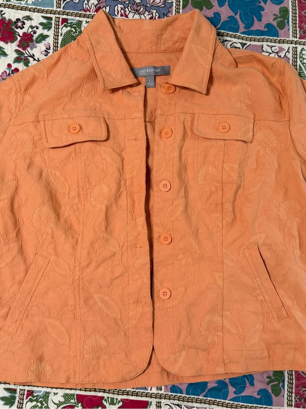 Croft & Barrow Peach Floral Textured Button Front Jacket L